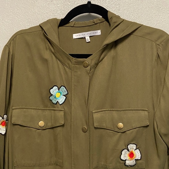 English Factory Olive Green Floral Embellished Military Utility Hoodie Jacket - Picture 4 of 11